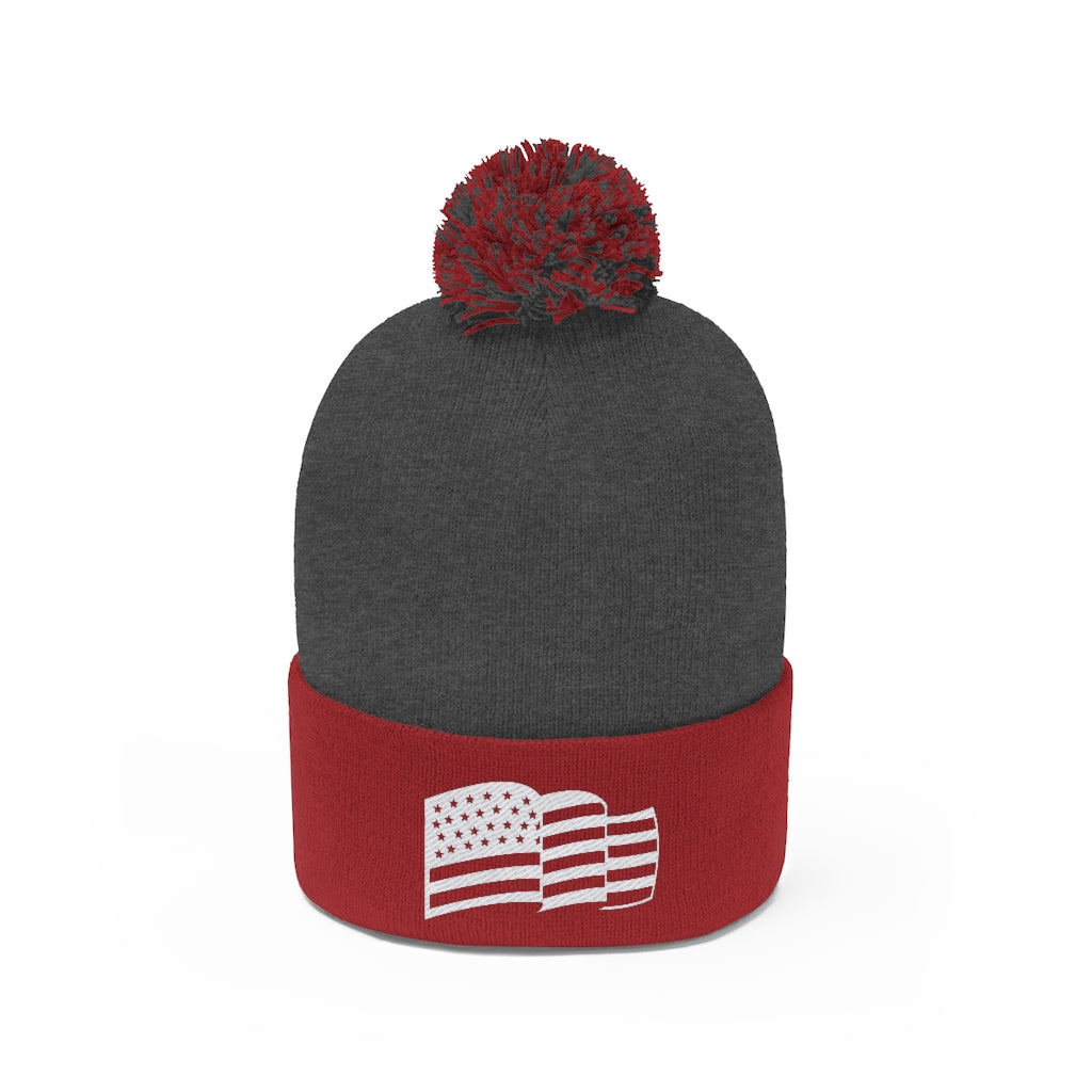 American Flag Embroidery Pom Pom Beanie, America Hat, Patriot Cap, Winter Accessories, Freedom Hat, Medical Freedom