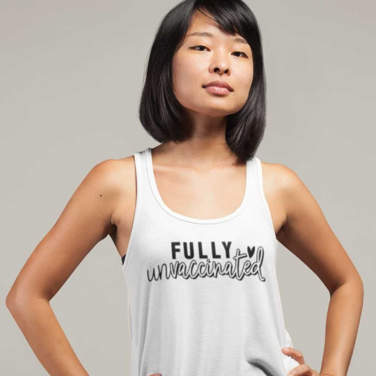 Fully Unvaccinated Women's Flowy Racerback Tank | Medical Freedom | Gift for Advocate | Informed Consent | Patriot | Pure Blood