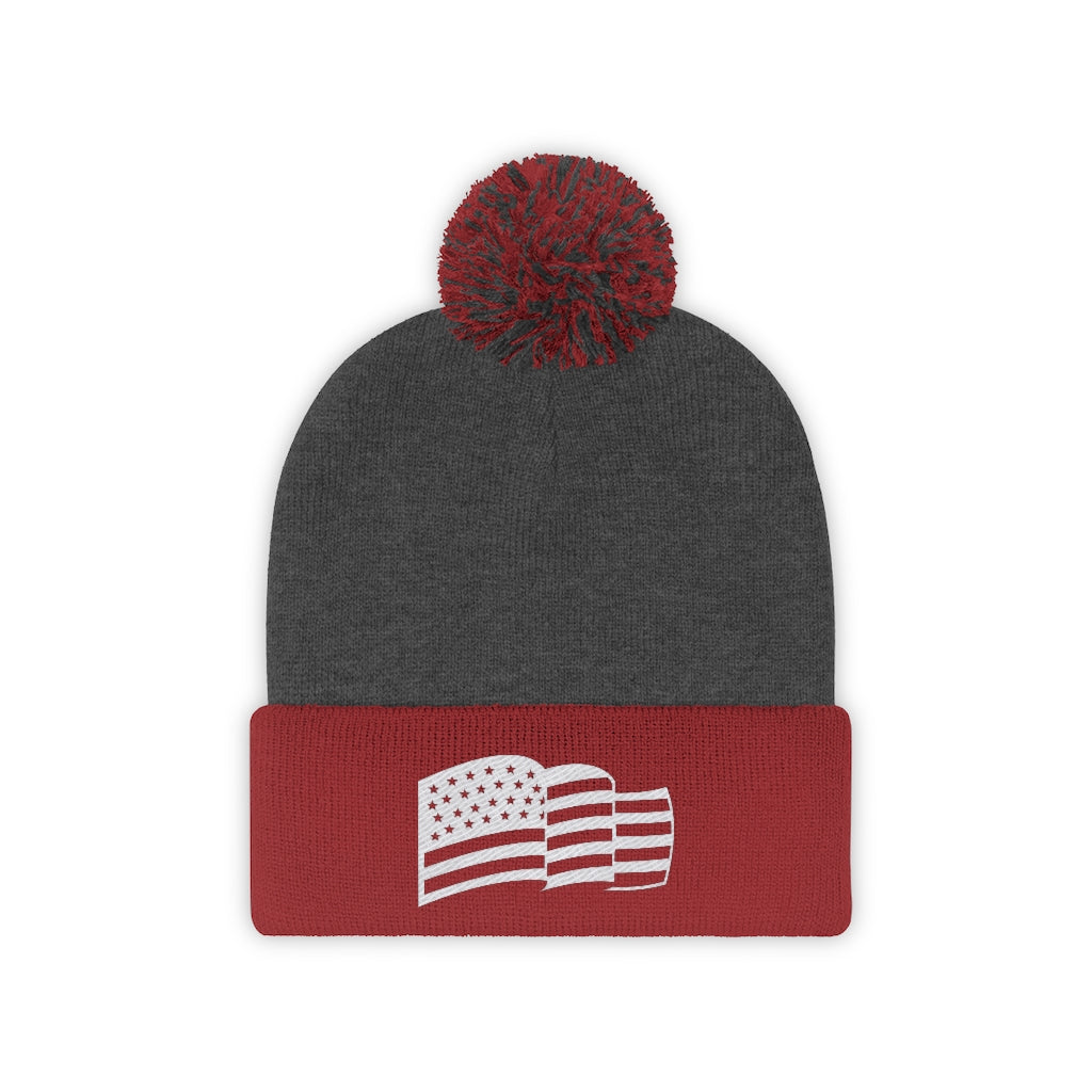 American Flag Embroidery Pom Pom Beanie, America Hat, Patriot Cap, Winter Accessories, Freedom Hat, Medical Freedom