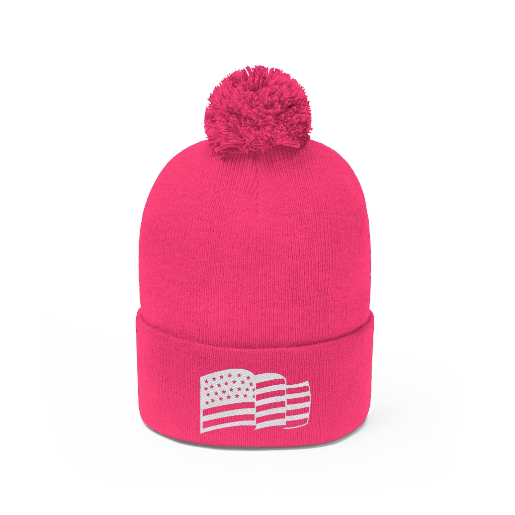 American Flag Embroidery Pom Pom Beanie, America Hat, Patriot Cap, Winter Accessories, Freedom Hat, Medical Freedom